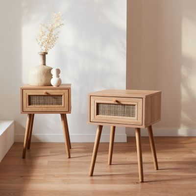 Lot de 2 tables de chevet décor bois & cannage avec 1 tiroir - Bohème