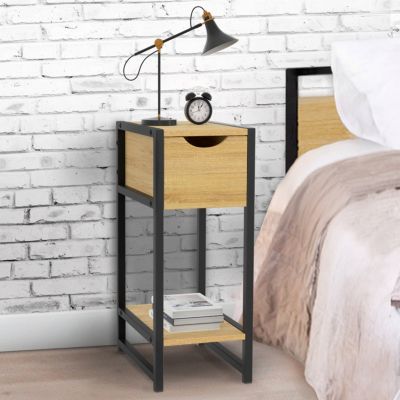 Lot de 2 tables de chevet DETROIT 1 tiroir avec tablette gain de place bois et métal noir design industriel