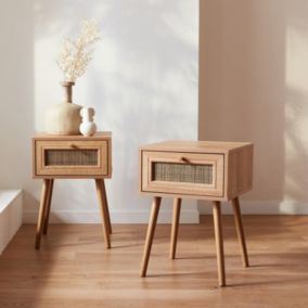 Lot de 2 tables de chevet effet bois & cannage avec 1 tiroir - Bohème