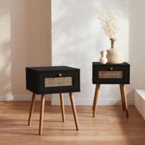 Lot de 2 tables de chevet effet bois noir et cannage avec 1 tiroir