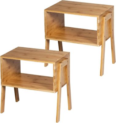Lot de 2 Tables de Chevet en Bambou avec 1 Etagere Ouverte Table de Nuit Empilable Construction Robuste