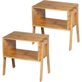 Lot de 2 Tables de Chevet en Bambou avec 1 Etagere Ouverte Table de Nuit Empilable Construction Robuste