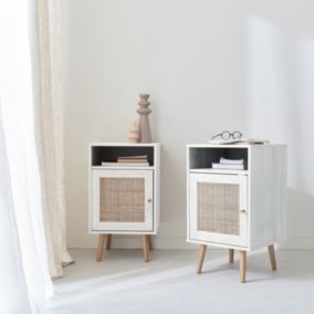 Lot de 2 tables de chevet en cannage - Bohème - 40x39x65.8cm Blanc  - 2 niveaux - 1 portes - 1 espace de rangement - pieds