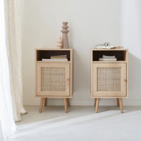 Lot de 2 tables de chevet en cannage - Bohème - 40x39x70cm Naturel - 2 niveaux - 1 portes - 1 espace de rangement - pieds