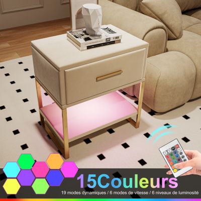 Lot de 2 tables de chevet, LED multicolore, tiroir, étagère ouverte, pieds métal doré, velours, 40x31x50 cm, Beige