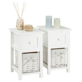 Lot de 2 tables de chevet MESSINA table de nuit avec 1 tiroir et 1 panier, en bois blanc