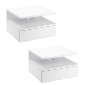 Lot de 2 tables de chevet murales - lot de 2 tables de nuit - tiroir coulissant, niche et plateau - panneau particules blanc