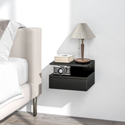 Lot de 2 tables de chevet murales - lot de 2 tables de nuit - tiroir coulissant, niche et plateau - panneau particules noir