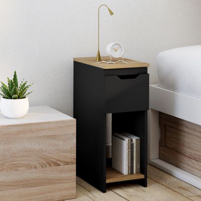 Lot de 2 tables de chevet étroites ANOUK 1 tiroir avec niche noir et bois
