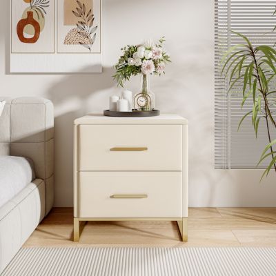 Lot de 2 tables de chevet, velours, base métal doré, 2 tiroirs, design moderne, 40x40x50 cm, capacité 80 kg, Beige