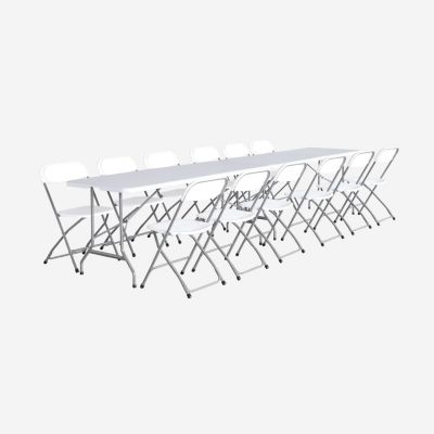 Lot de 2 tables de réception pliables en plastique blanc 180cm + 12 chaises d'appoint. table de camping