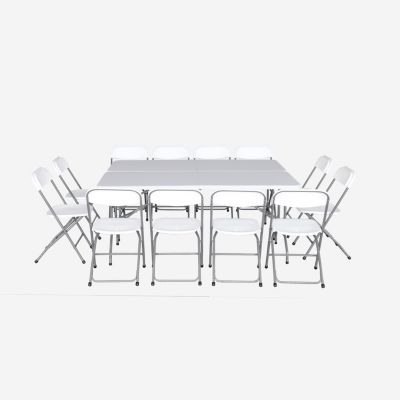 Lot de 2 tables de réception pliables en plastique blanc 180cm + 12 chaises d'appoint. table de camping