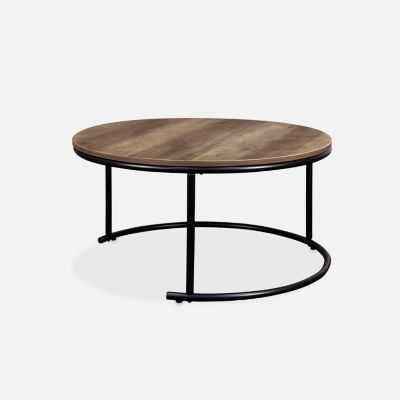 Lot de 2 tables gigognes rondes métal noir. décor bois - Loft - encastrables. 1x D.77 x H 40cm / x1 D.57 x H 35cm