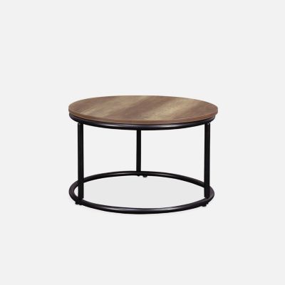 Lot de 2 tables gigognes rondes métal noir. décor bois - Loft - encastrables. 1x D.77 x H 40cm / x1 D.57 x H 35cm
