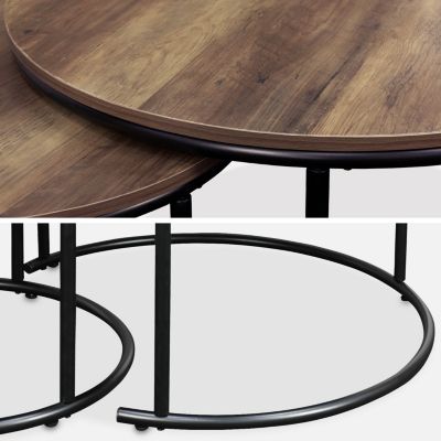 Lot de 2 tables gigognes rondes métal noir. décor bois - Loft - encastrables. 1x D.77 x H 40cm / x1 D.57 x H 35cm