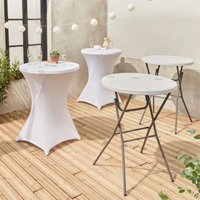 Lot de 2 tables hautes de réception   GALA   Mange debout. pliables. D.80cm x 110cm +  2 housses en polyester. blanches