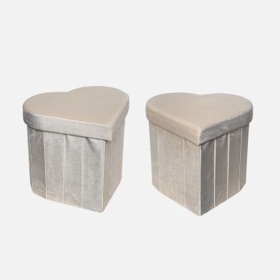 Lot de 2 tabourets-coffre pliables pour enfant avec assise en velours beige et en forme de cœur