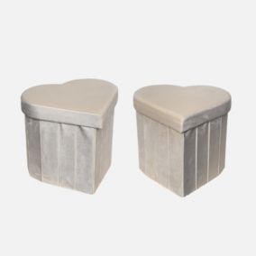 Lot de 2 tabourets-coffre pliables pour enfant avec assise en velours beige et en forme de cœur