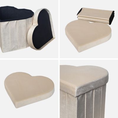 Lot de 2 tabourets-coffre pliables pour enfant avec assise en velours beige et en forme de cœur