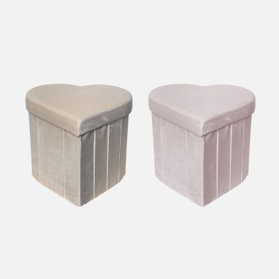 Lot de 2 tabourets-coffre pliables pour enfant avec assise en velours beige et en forme de cœur