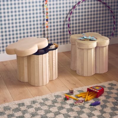 Lot de 2 tabourets-coffre pliables pour enfant avec assise en velours beige et en forme de fleur