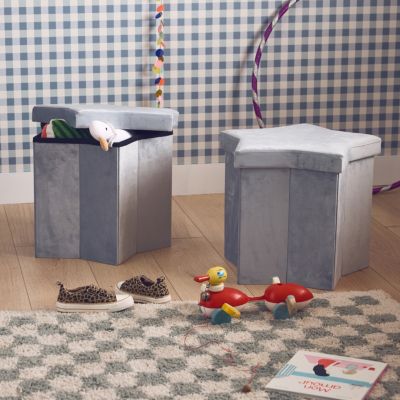 Lot de 2 tabourets-coffre pliables pour enfant avec assise en velours gris et en forme d'étoile