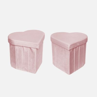 Lot de 2 tabourets-coffre pliables pour enfant avec assise en velours rose et en forme de cœur