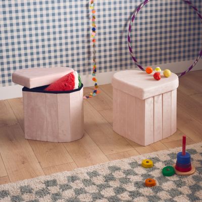 Lot de 2 tabourets-coffre pliables pour enfant avec assise en velours rose et en forme de cœur