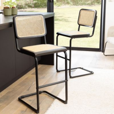 Lot de 2 tabourets d'ilot bois noir/rotin naturel pieds métal