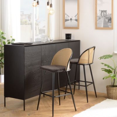 Lot de 2 tabourets de bar assise tissu noir dossier effet cannage