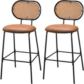 Lot de 2 Tabourets de Bar avec Dossier en Rotin PE Chaise de Bar avec Coussin en Mousse Structure en Métal et Repose Pieds 75CM