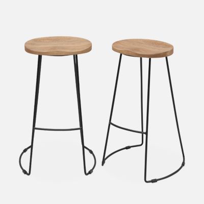 Lot de 2 tabourets de bar bois de manguier naturel et acier. avec repose pieds. 75cm