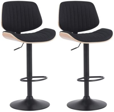 Lot de 2 tabourets de bar Clawson, tissu, cadre en bois courbé, réglable hauteur, pivotant, dossier, repose-pieds Nature/Noir/Noir