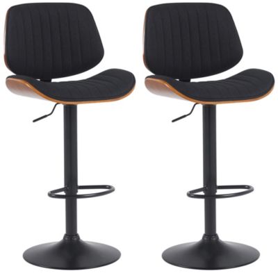 Lot de 2 tabourets de bar Clawson, tissu, cadre en bois courbé, réglable hauteur, pivotant, dossier, repose-pieds Noyer/Noir/Noir