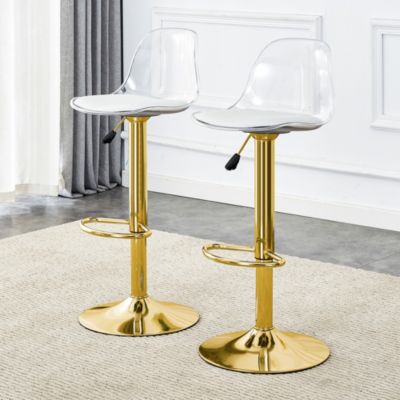 Lot de 2 tabourets de bar en métal doré avec dossier transparent, réglables et pivotants