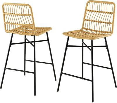 Lot de 2 Tabourets de Bar en Rotin PE Chaises de Bar avec Cadre en Métal & Repose-Pieds Hauteur d Assise 69 CM