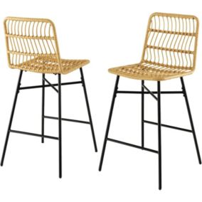 Lot de 2 Tabourets de Bar en Rotin PE Chaises de Bar avec Cadre en Métal & Repose-Pieds Hauteur d Assise 69 CM