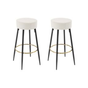 Lot de 2 tabourets de bar en tissu bouclette et acier noir - Blanc et Doré - BELINIO II