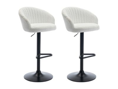 Lot de 2 tabourets de bar en tissu bouclette et métal - Hauteur réglable - Blanc - DORALIZ