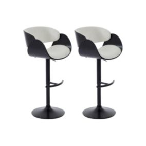 Lot de 2 tabourets de bar en tissu bouclette, placage frêne et métal - Hauteur Réglable - Blanc et Noir - JELSA