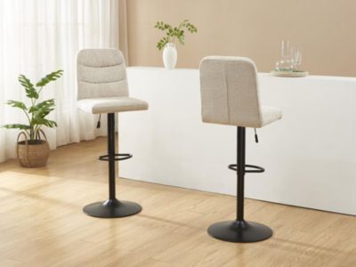 Lot de 2 tabourets de bar en tissu texturé et métal noir - Hauteur réglable - Beige - KELIANO