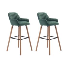 Lot de 2 tabourets de bar en velours et pieds bois de hêtre - Vert foncé - ELEANA