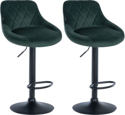 Lot de 2 tabourets de bar Lazio en velours, pivotant, pieds trompette, chaise réglable hauteur. Vertfoncé/Noir