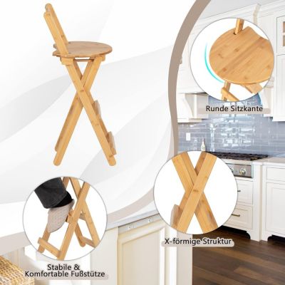 Lot de 2 Tabourets de Bar Pliable en Bambou avec Dossier Repose Pieds Charge 150kg 36x34x84 cm