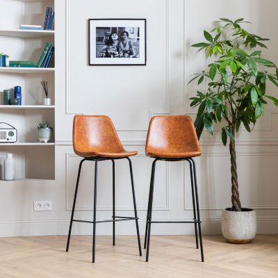 Lot de 2 tabourets de bar vintage LUCIEN cognac - Hauteur d'assise 75cm - HAPPY GARDEN