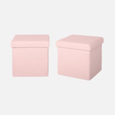 Lot de 2 tabourets de rangement roses en bouclettes avec coffre pour enfant pliable