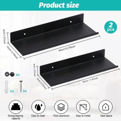 Lot de 2 étagères flottantes Space en aluminium, étagères murales noires de 30 cm et 40 cm, étagères flottantes avec vis