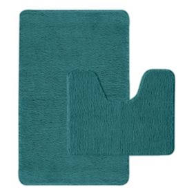 Lot de 2 tapis de bain polyester 50x80cm + 50x40cm bleu paon 50x80cm