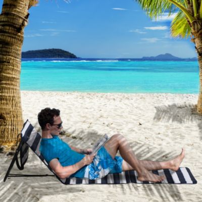 Lot de 2 tapis de plage rembourrés pliables - matelas de plage - dossier inclinable, rangement - métal polyester blanc bleu
