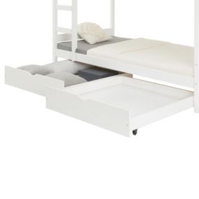 Lot de 2 tiroirs FELIX pour lit enfant en 90x200 cm, rangement sous lit simple ou superposé, en pin massif lasuré blanc